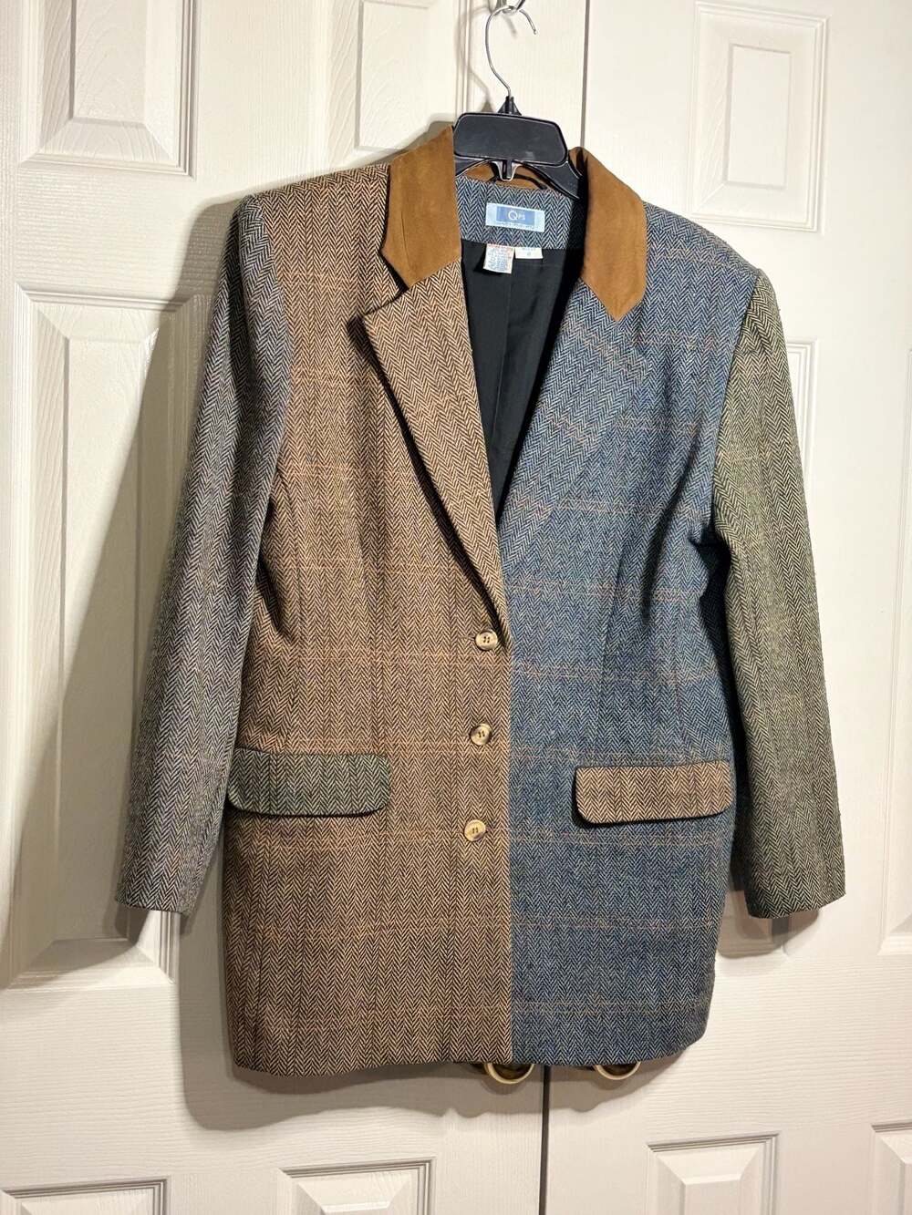 Vintage QPS Patchwork Herringbone Wool-Blend Blazer Jacket #1401 - Picture 4 of 5